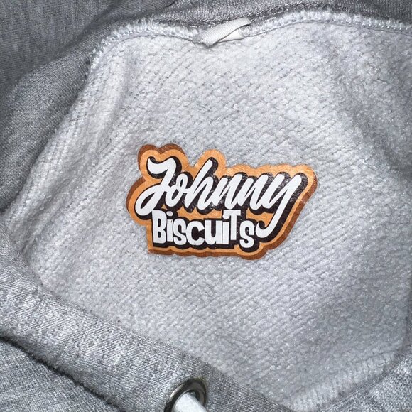 Johnny Biscuits Graphic Hoodie Sweatshirt Gray Pullover Kangaroo Pocket. - Picture 5 of 5